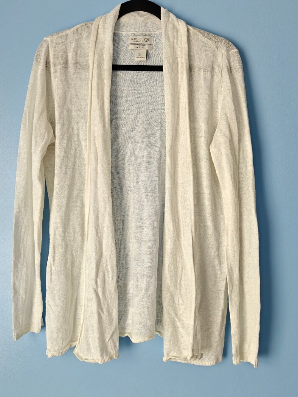 RACHEL ZOE 100% Linen Open Front Cardigan Long Sleeve Large White *flaw*
